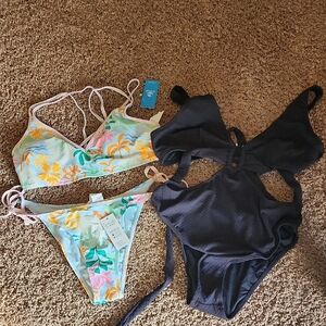 Cupshe Tropical Floral Bikini Set XL/L & Black One-piece L